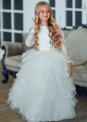 Long Sleeves Ivory Lace Tulle Ruffled Flower Girl Dress